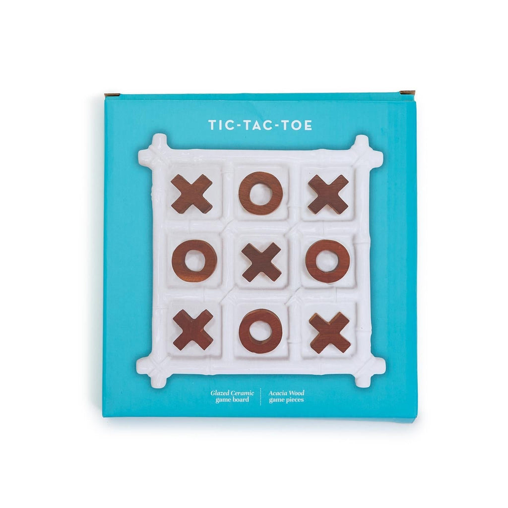 Ceramic Tic Tac Toe Game Faux Bamboo Board With Acacia Wood Pieces, Decor
