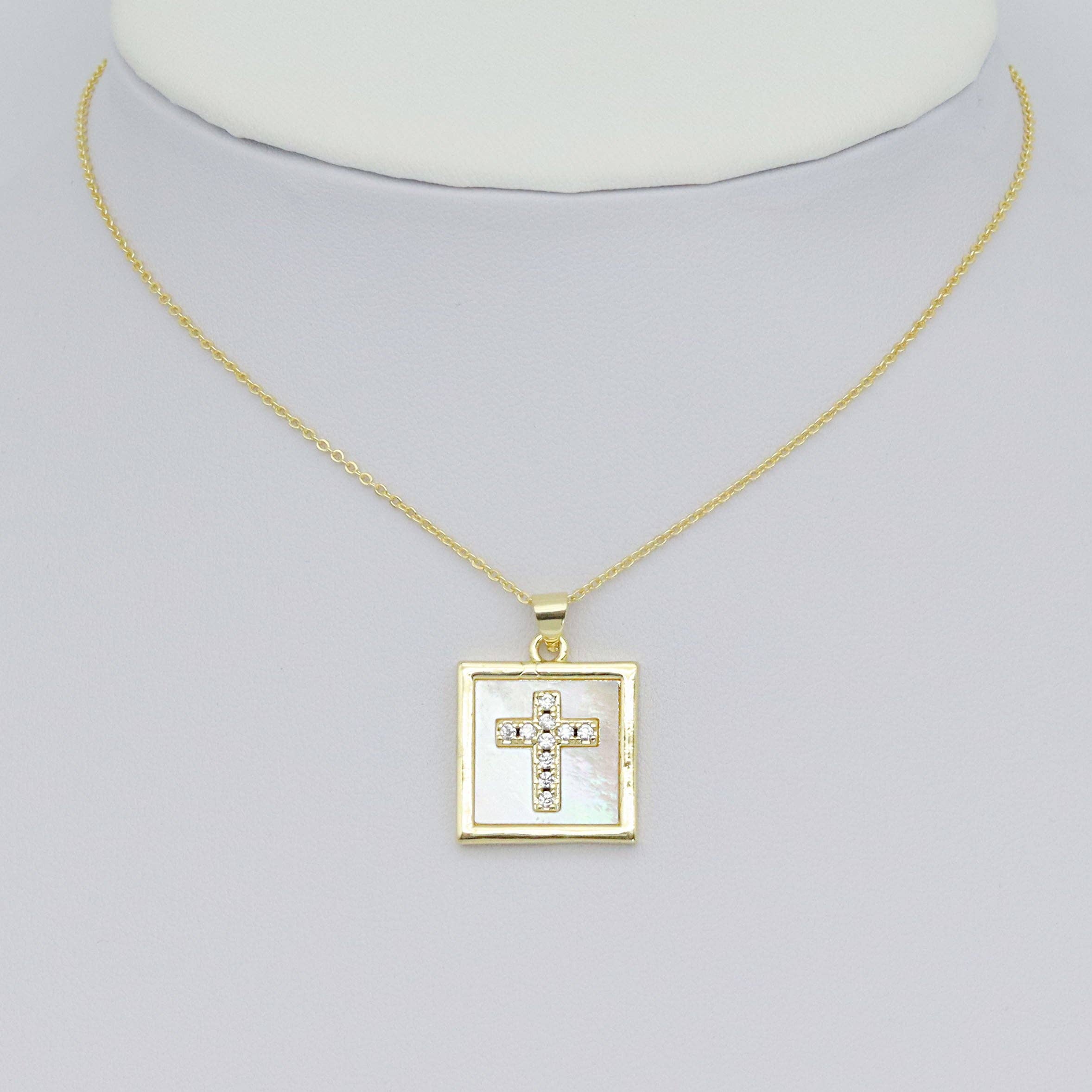 Gold Clear CZ Cross On Square Mother of Pearl Charm Pendant, Sku#LK994