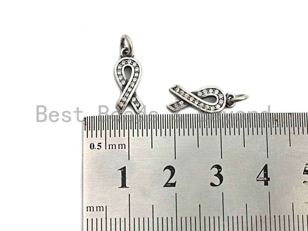 Rhidium CZ Micro Pave Breast Cancer Awareness Ribbon Charm, AIDS Care Cubic Zirconia Pendant Charm, Antique Silver Color, 6x16mm,sku#X117