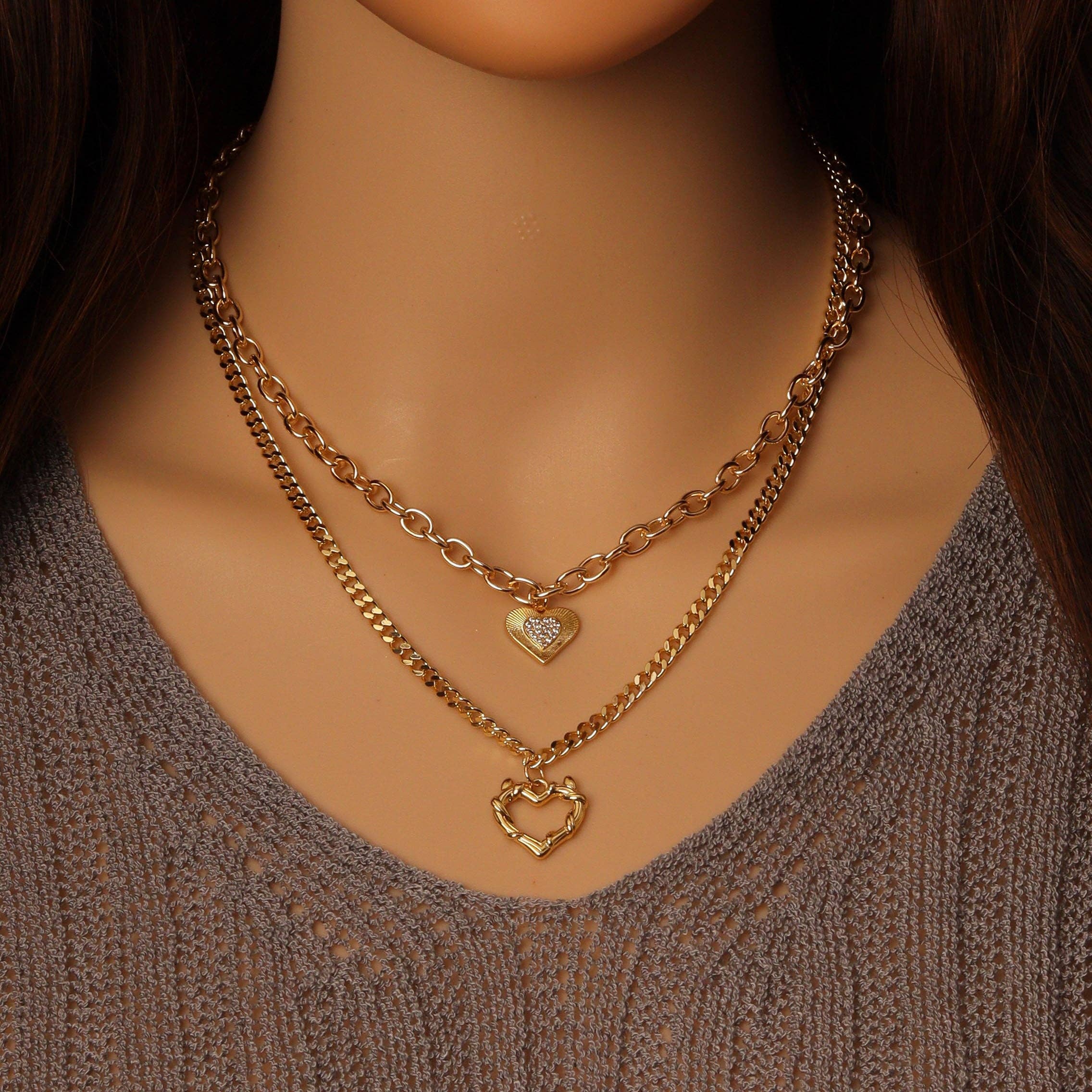 Ovla Cuban Link Chain necklace with heart pendants Layering