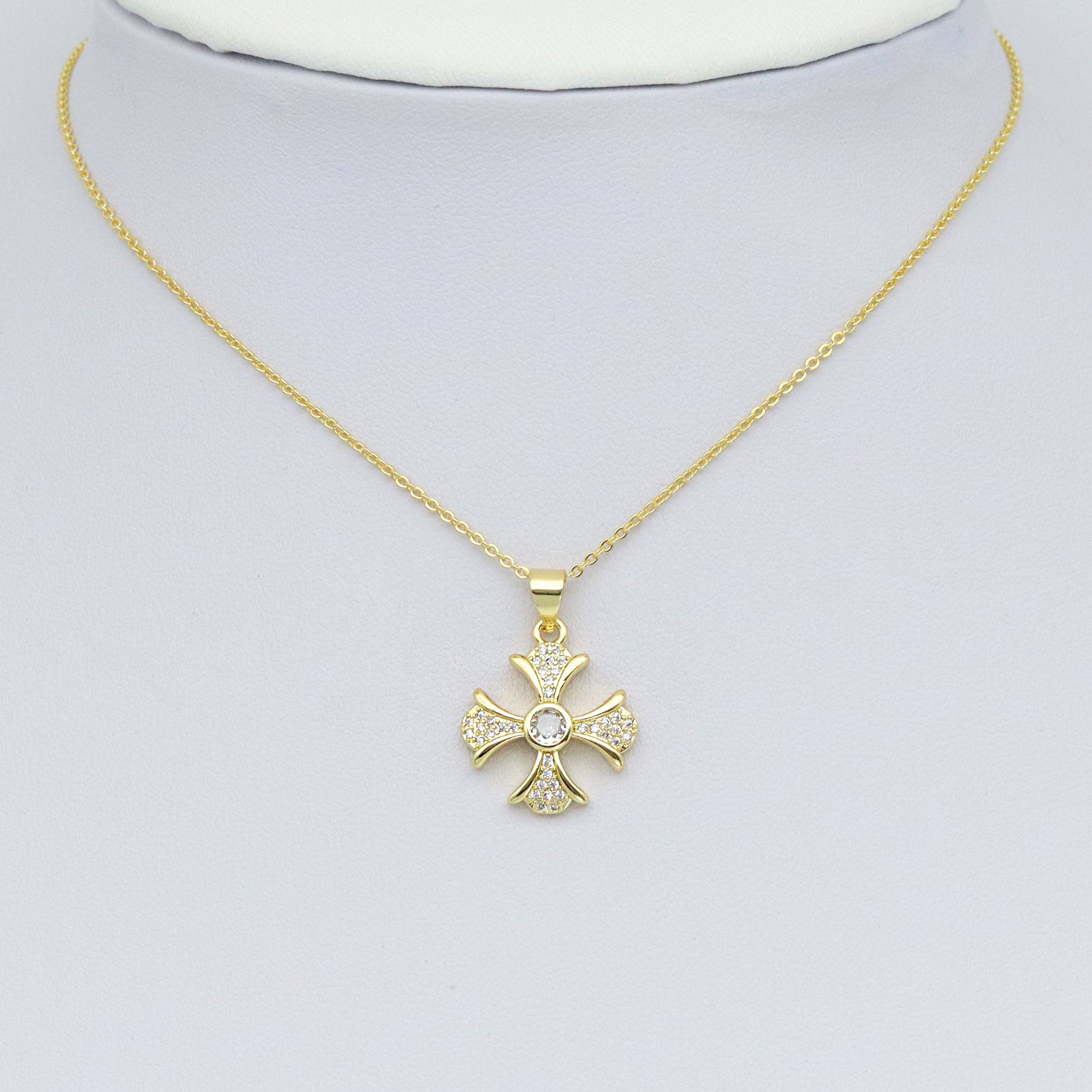 Gold Clear CZ Cross Flower Charm Pendant, Sku#LK986