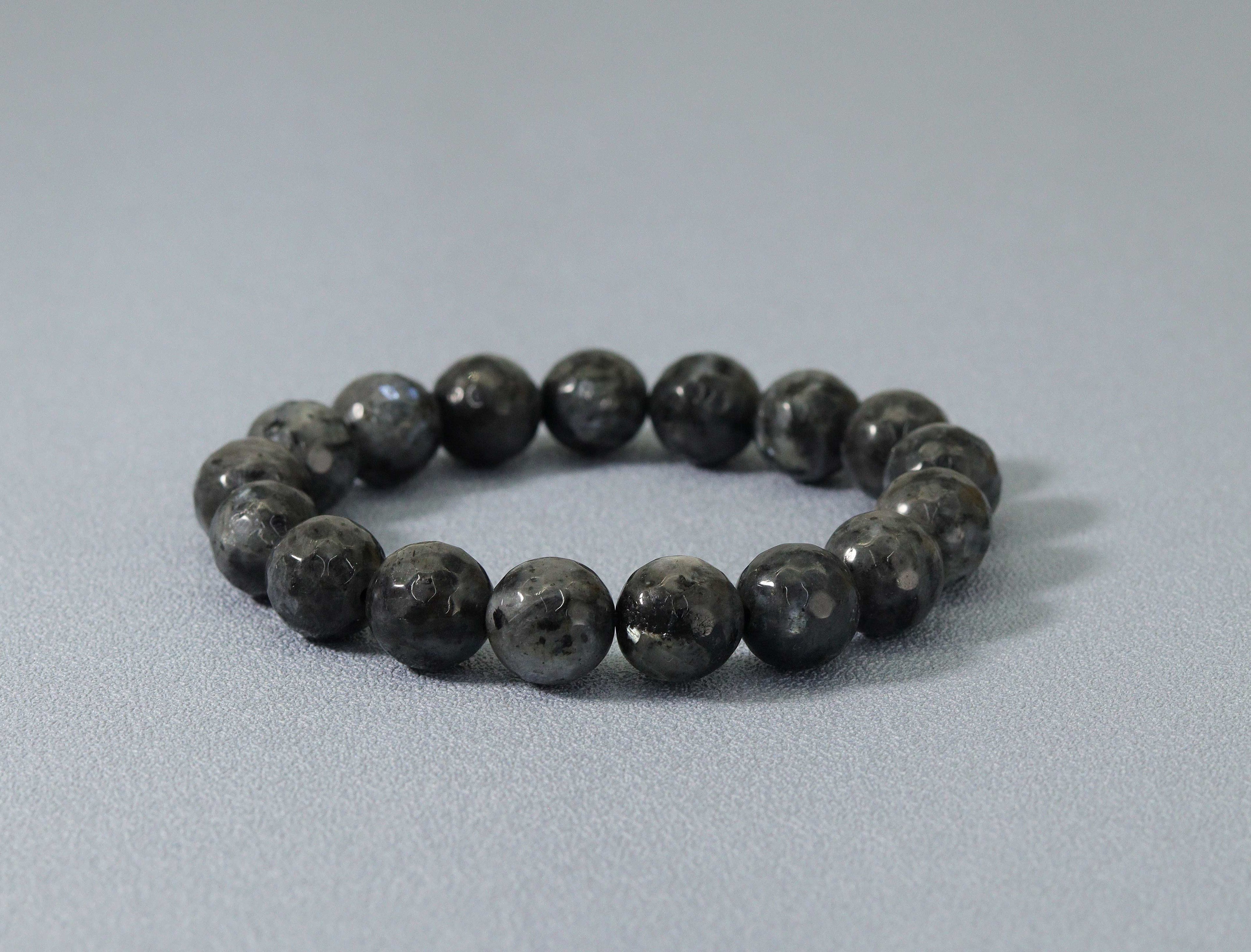 Larvikite Round Faceted Beads Stretchy Bracelet,Sku#EF110