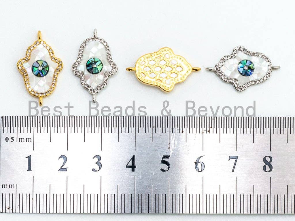 CZ Micro Pave Hamsa Hand Connector with Abalone Pearl Shell, Cubic Zirconia Connector, CZ Abalone Pearl Stone Charm 14x22mm, 1pc,SKU#Z22