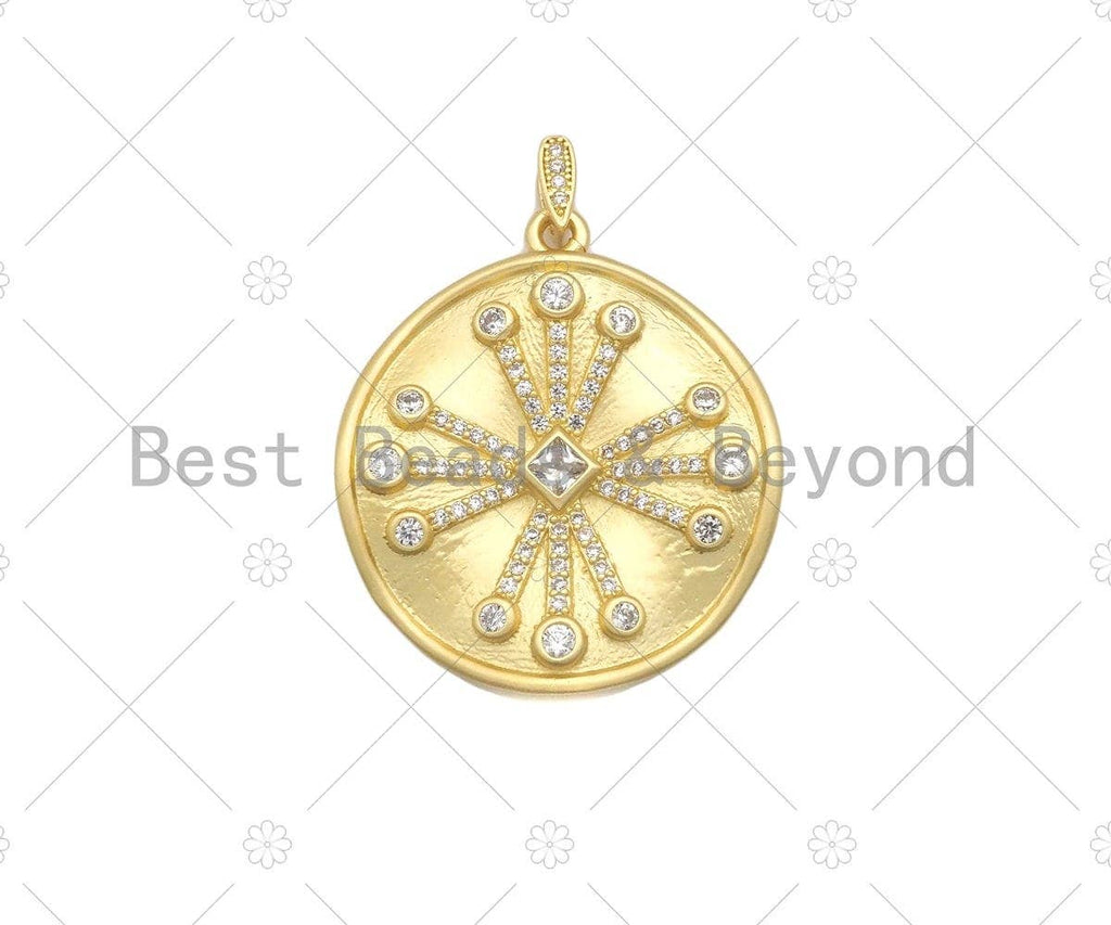 Big CZ Micro Pave Flower On Round Shape Pendant/Charm,Cubic Zirconia Medallion Charm, Necklace Bracelet Charm Pendant,29x33mm, Sku#Y409