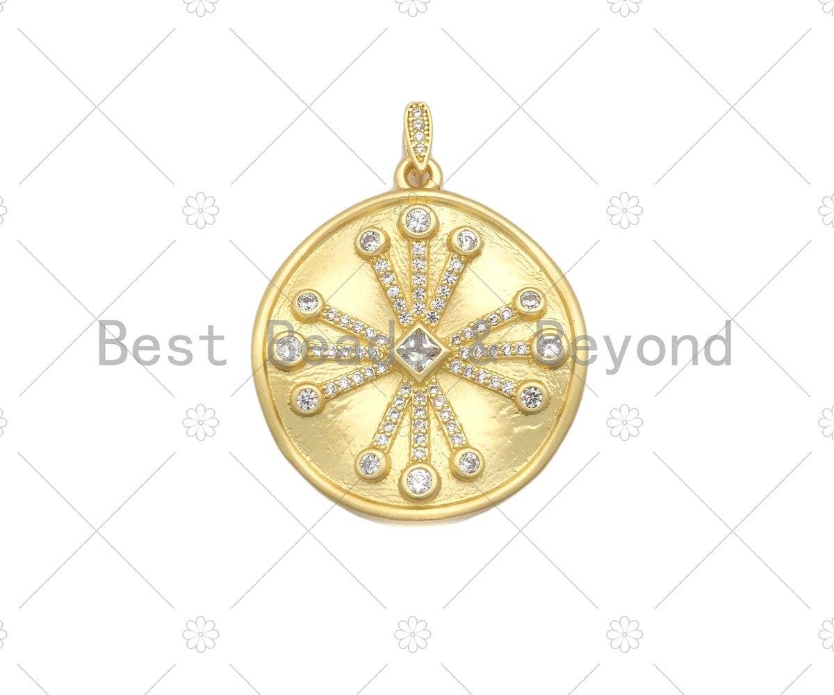 Big CZ Micro Pave Flower On Round Shape Pendant/Charm,Cubic Zirconia Medallion Charm, Necklace Bracelet Charm Pendant,29x33mm, Sku#Y409