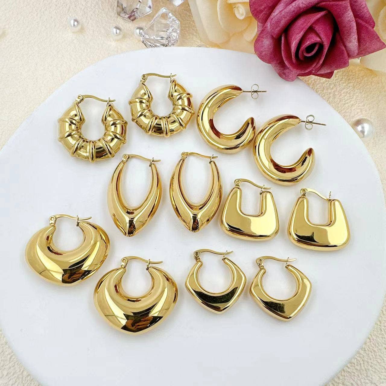 Plain Gold Chunky Rhombus Shape Hoop Earrings, Sku#LX469