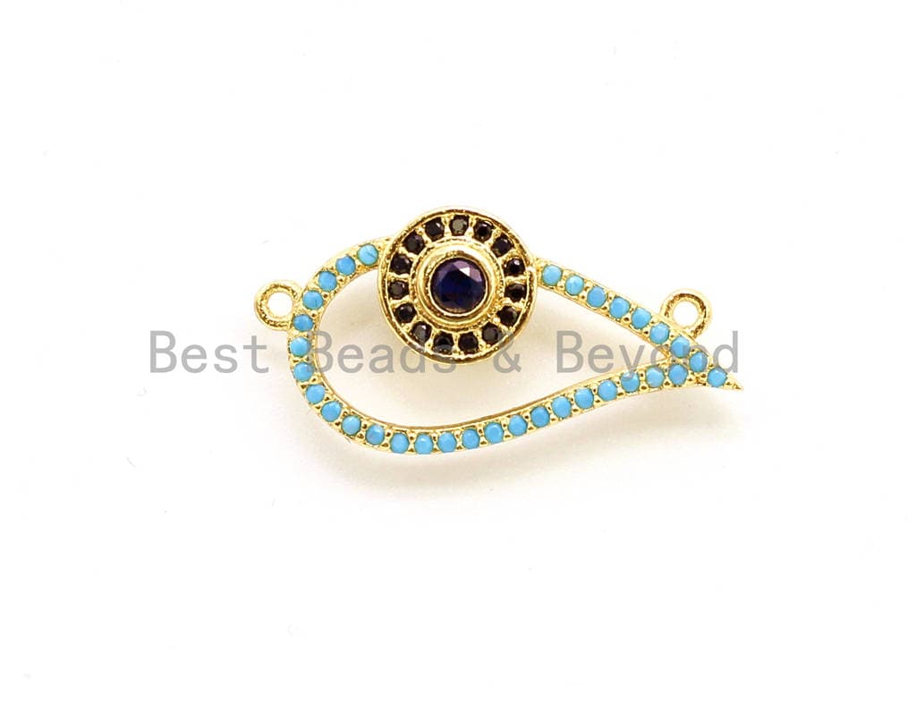 CZ Micro Pave Turquoise Evil Eye Connector, Cubic Zirconia Space Connector, 13x26mm, CZ Pave Beads, sku#E18C