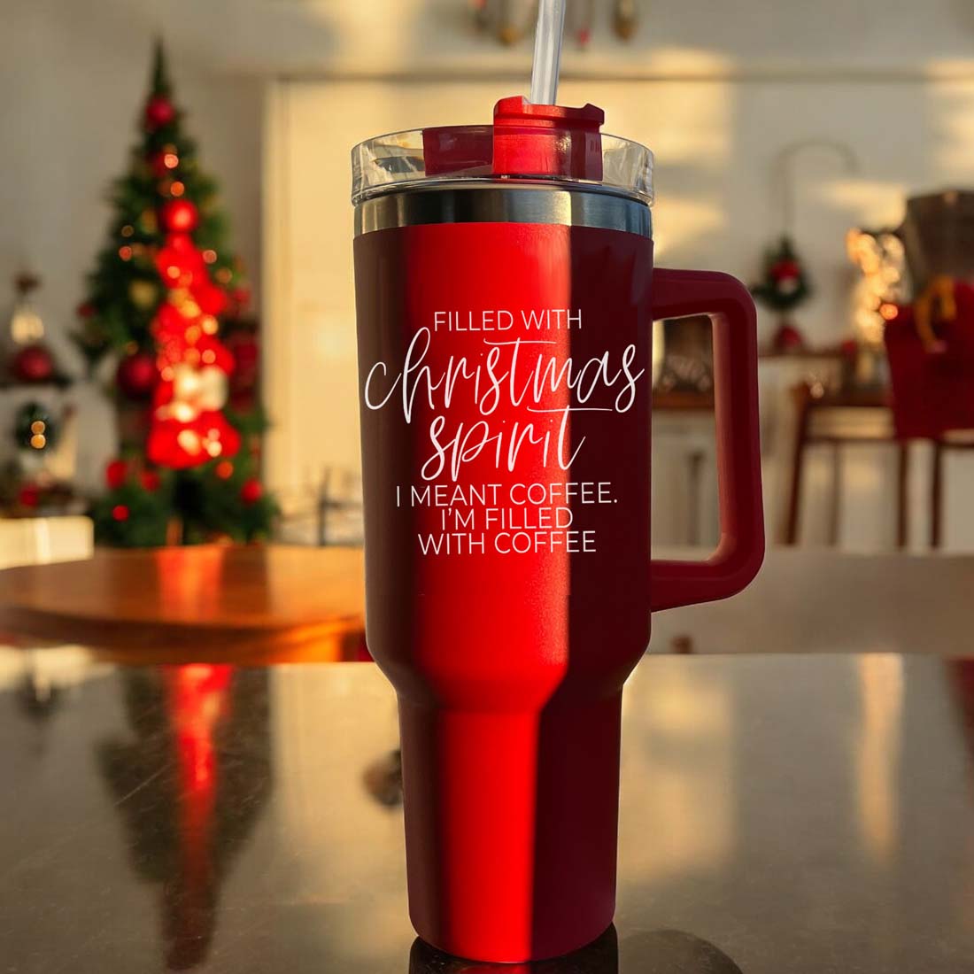 Christmas 40oz Insulated Tumbler Cup With Handle, Lid and Straw - Coffee Mug