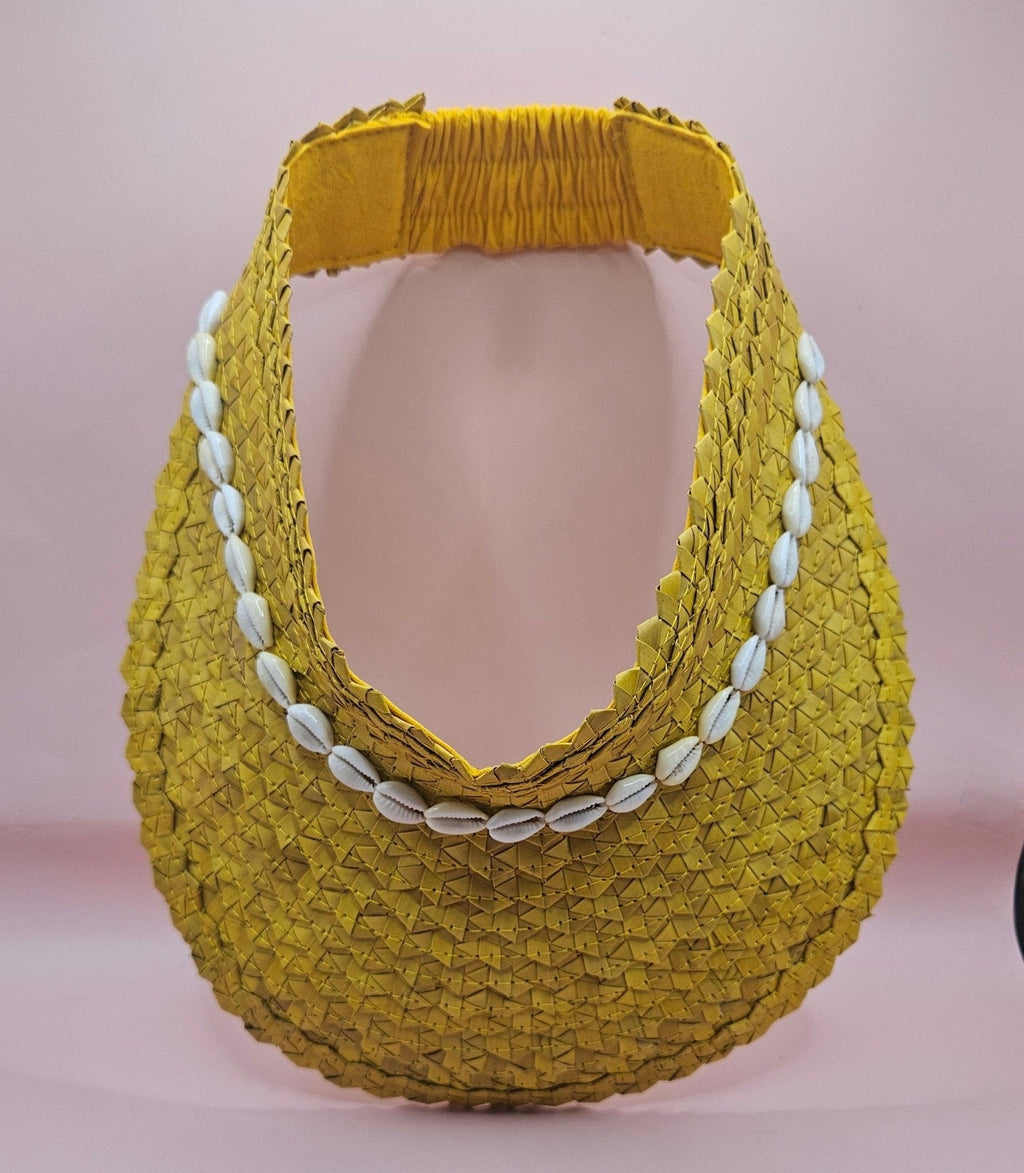 Cowrie Shell Woven Palm Leaf Visor – Handmade Straw Sun Hat with Elastic Band | Black, Blue, Green, or Yellow