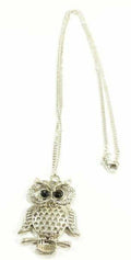 Cute Owl Pendant Necklace Silver Tone Long Chain Vintage