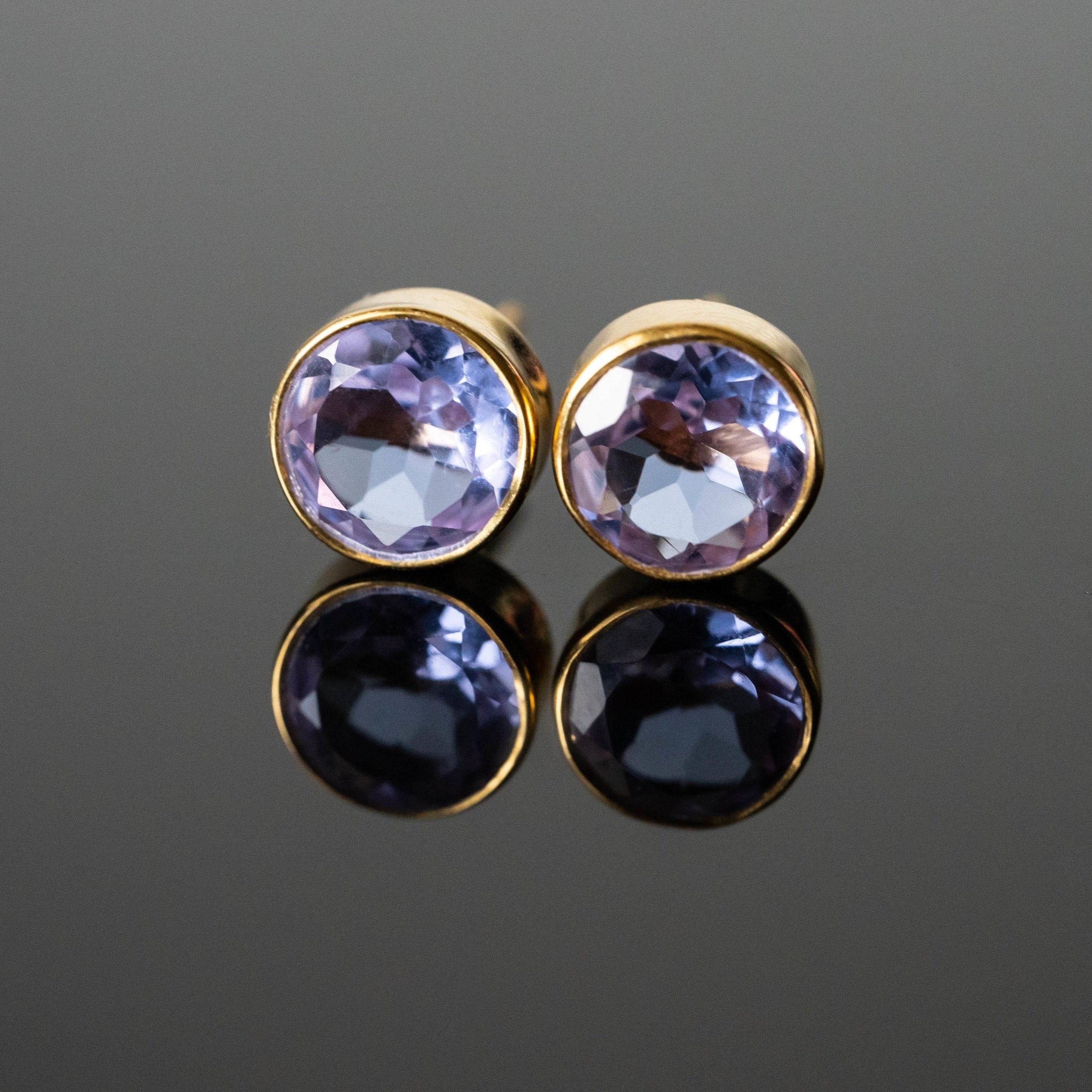 CZ Round Stud Earrings Gold Plated Purple 6mm Pair