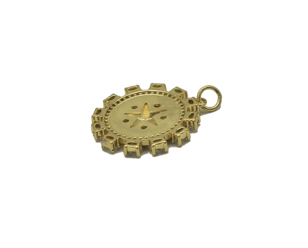 Gold CZ Embossed Five Point Star On Round Flower Charm, Sku#F1508