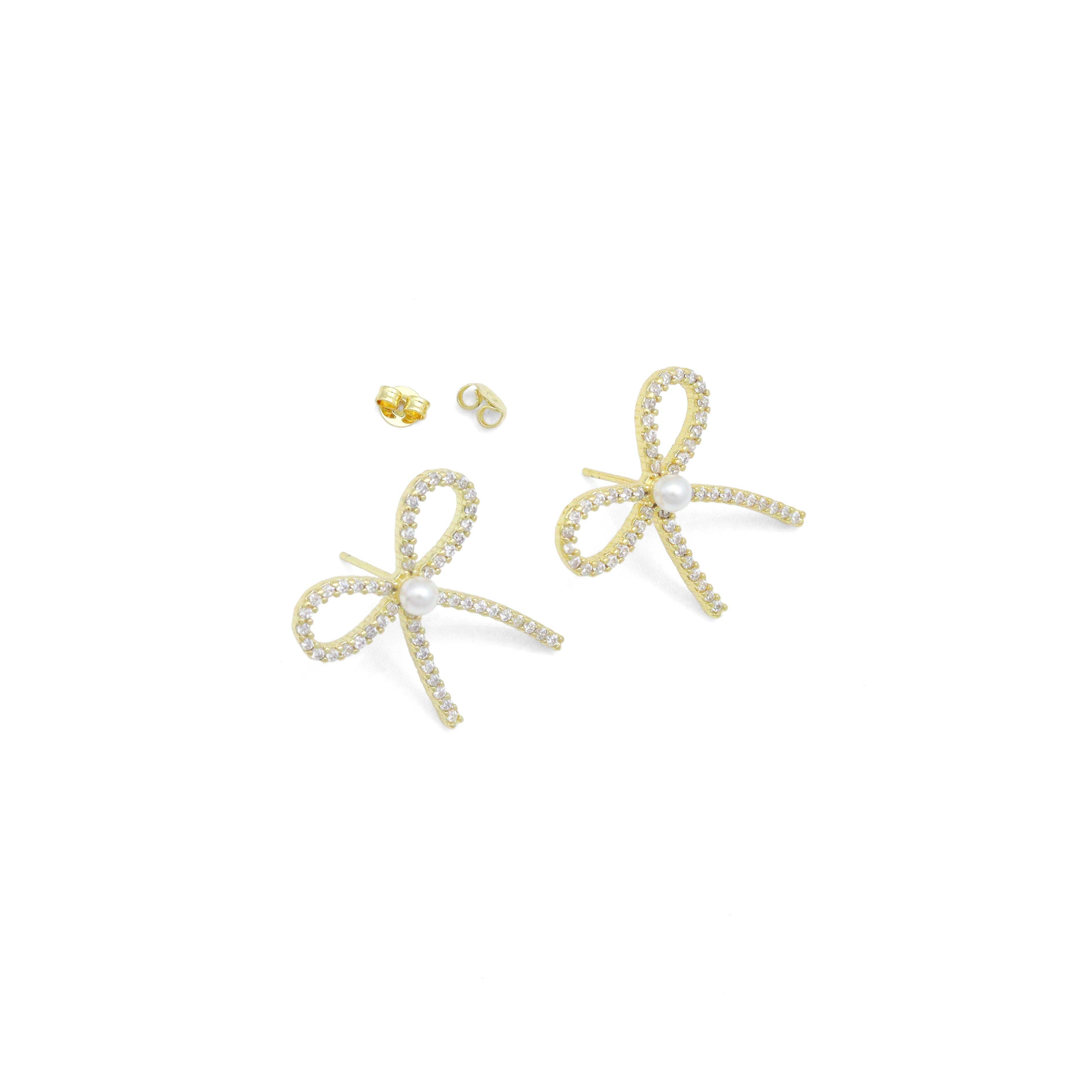 White Pearl Gold Bowknot Star Fish Stud Earring,Sku#LD747