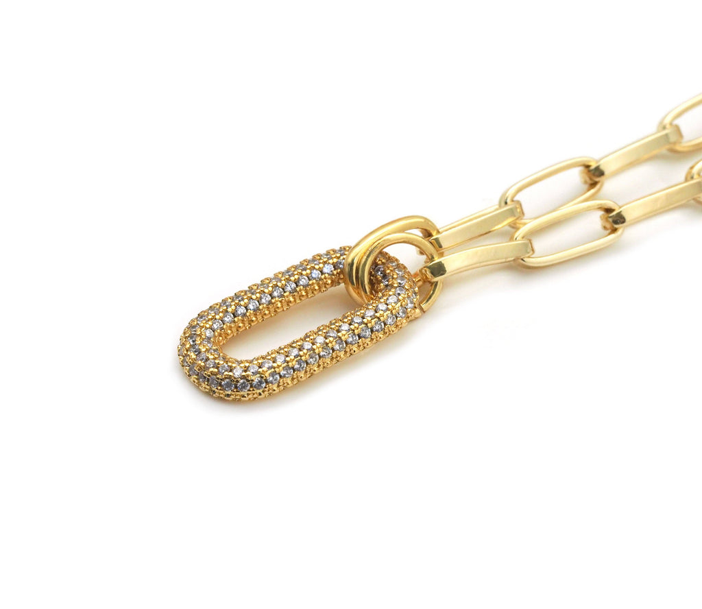 Gold Paper Clip Chain CZ Oval Link Necklace, sku#EF262