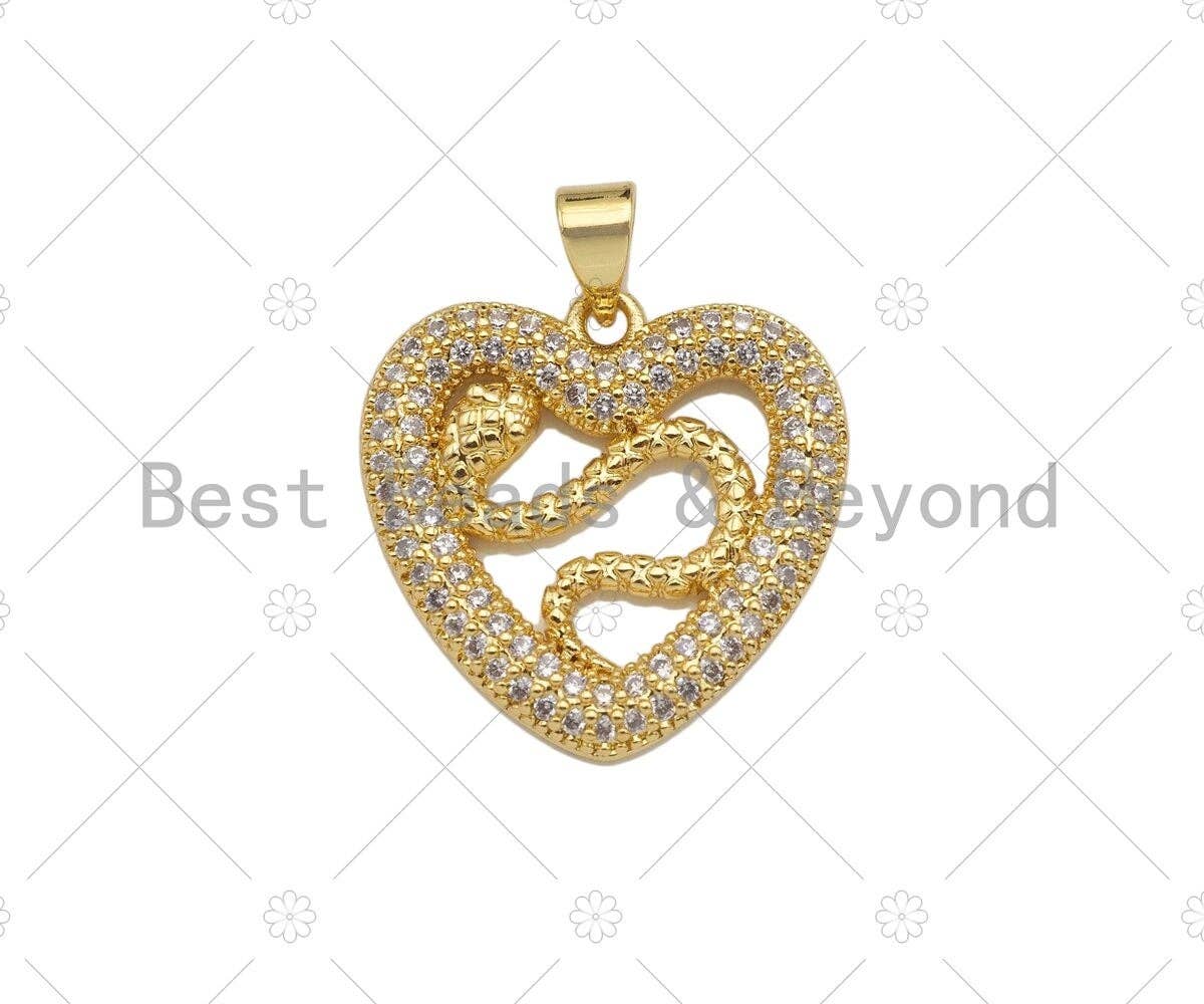 CZ Micro Pave Snake On Heart Shape Pendant/Charm,Cubic Zirconia Gold Charm, Necklace Bracelet Charm Pendant,21x21mm, Sku#LD32