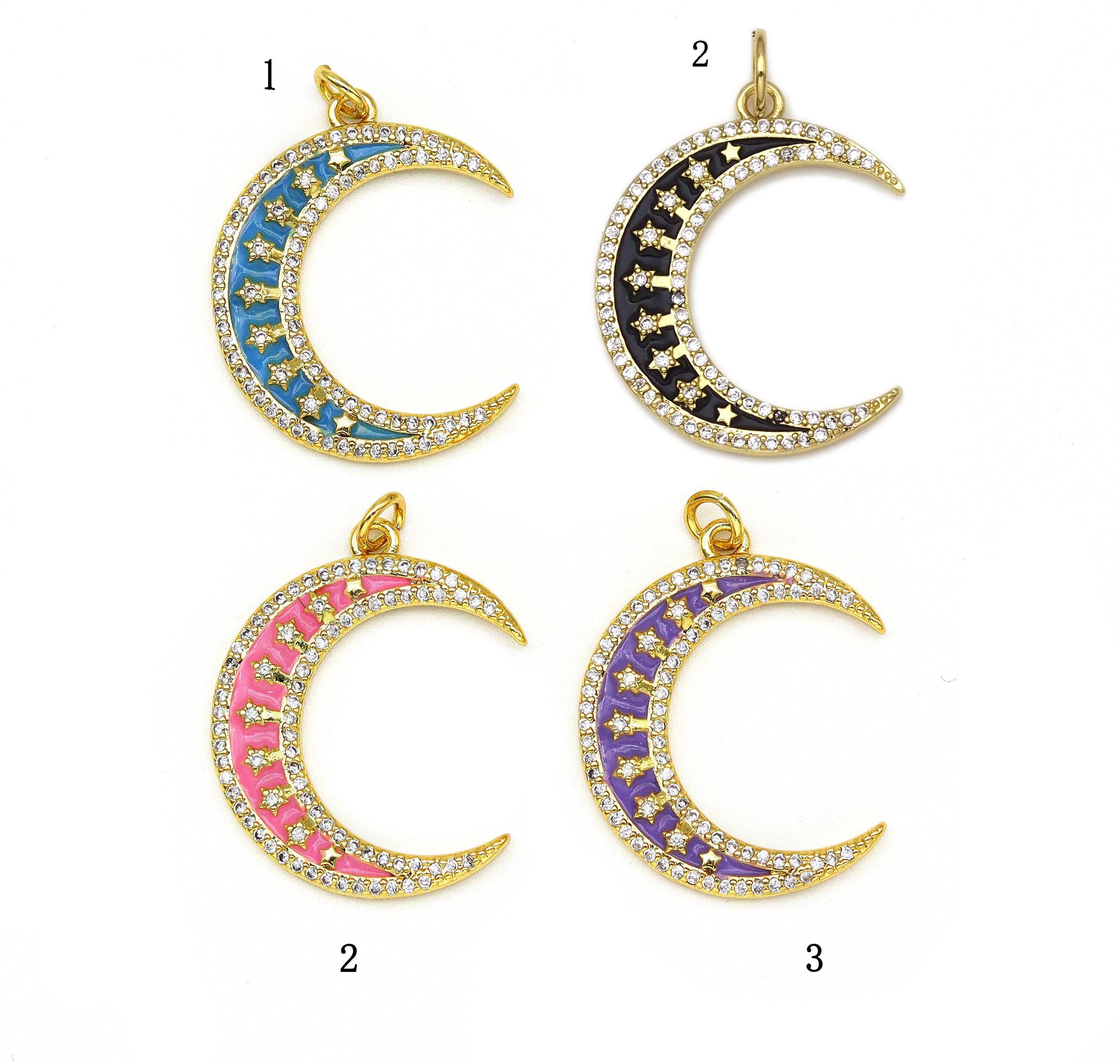 CZ Enamel Cresent Moon Star Charm,Sku#Z1393