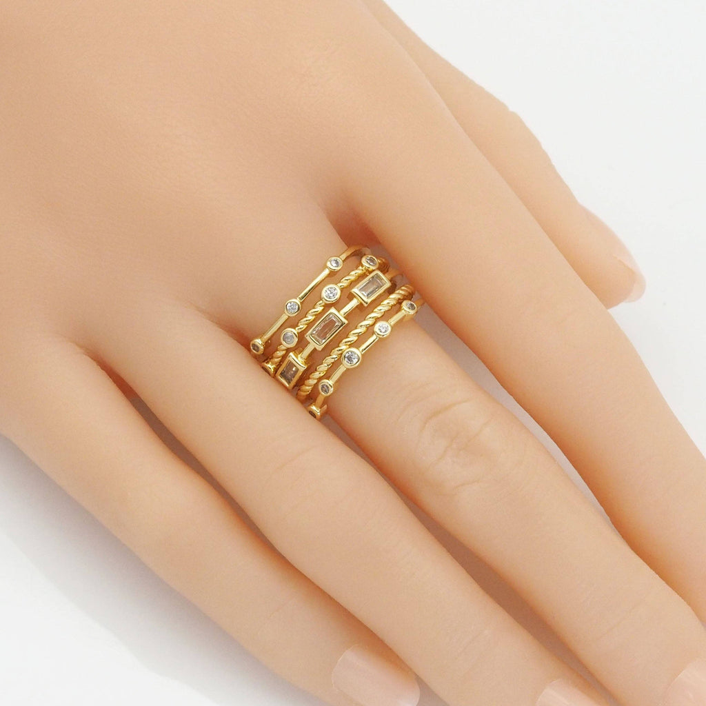 Multi Lines Rectangle Round CZ Gold Adjustable Ring, Sku#Y89