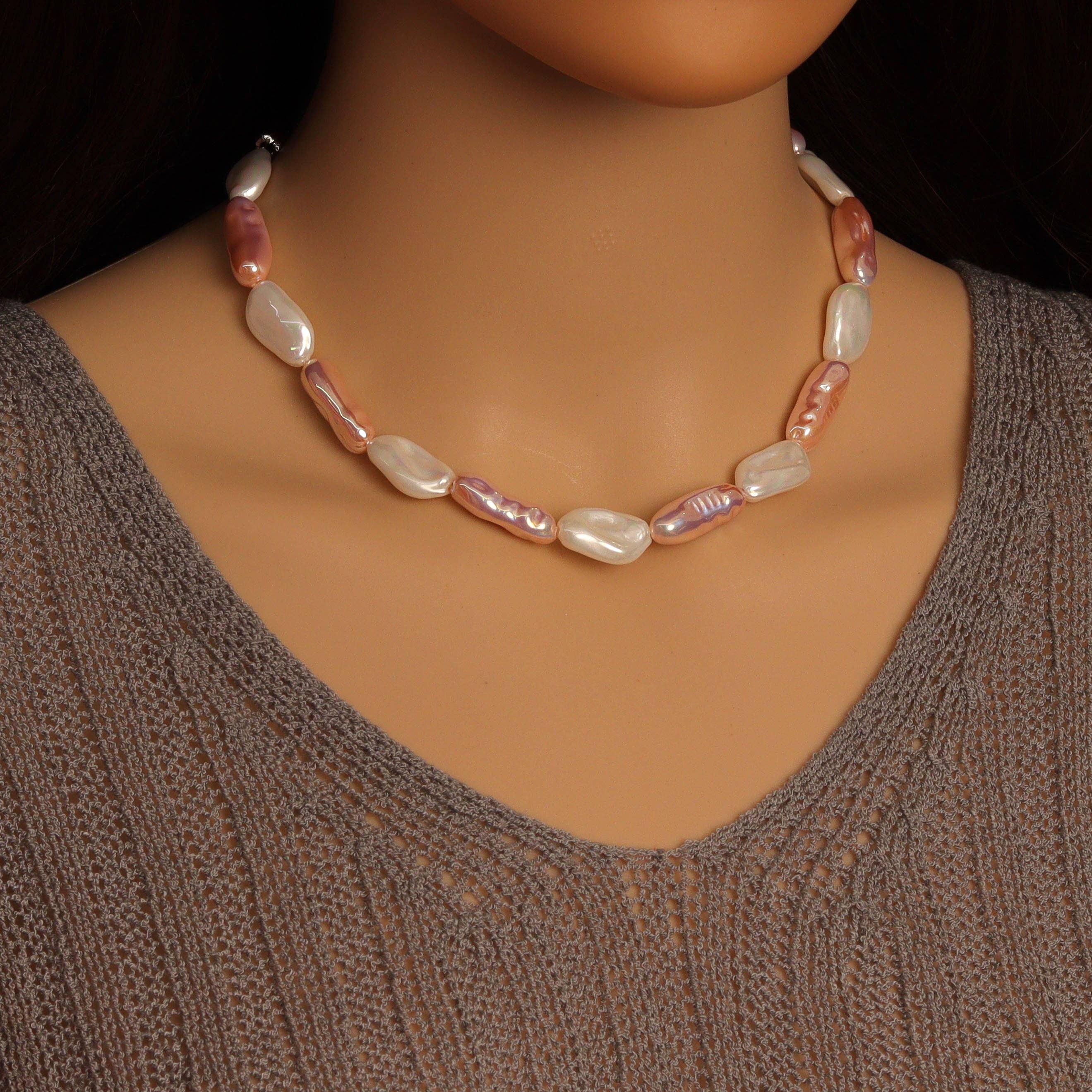 Pink Rosaline White Baroque Pearl Necklace,Sku#EF694