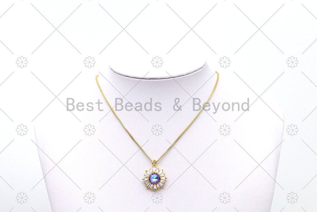 Big CZ Micro Pave Sunflower Shape Pendant, 18K Gold Filled Colorful Glass Quartz Sunflower Charm, Necklace Bracelet Charm Pendant,Sku#Y545