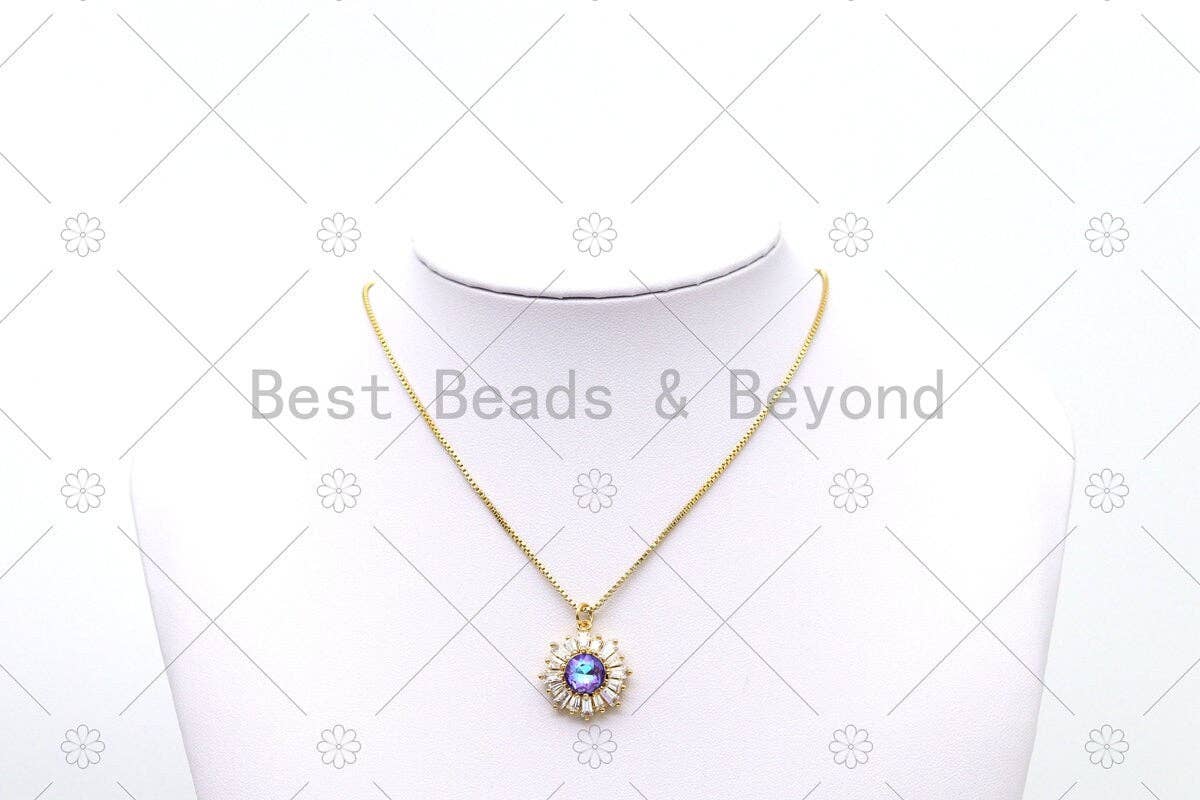 Big CZ Micro Pave Sunflower Shape Pendant, 18K Gold Filled Colorful Glass Quartz Sunflower Charm, Necklace Bracelet Charm Pendant,Sku#Y545