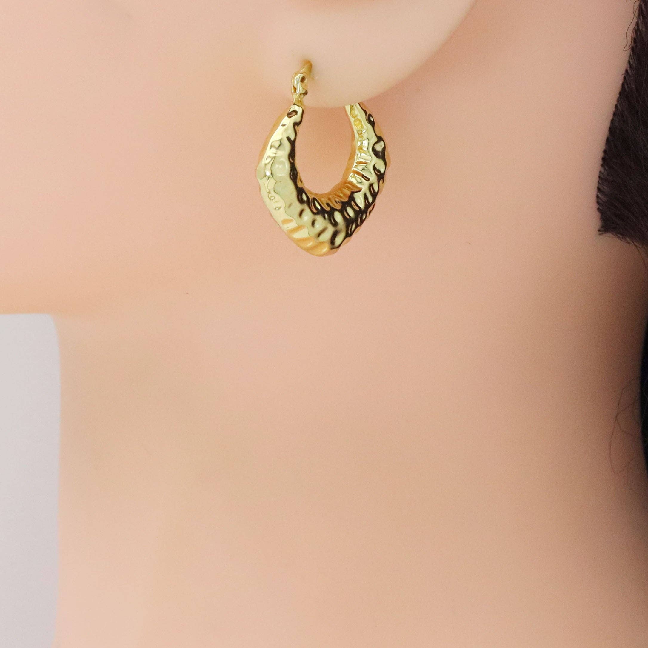 Gold Hammered Diamond Geometry Chunky Huggie Earrings, Sku#Y945