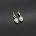 Gold White Oval Pearl Hoop Earrings, Sku#EF340