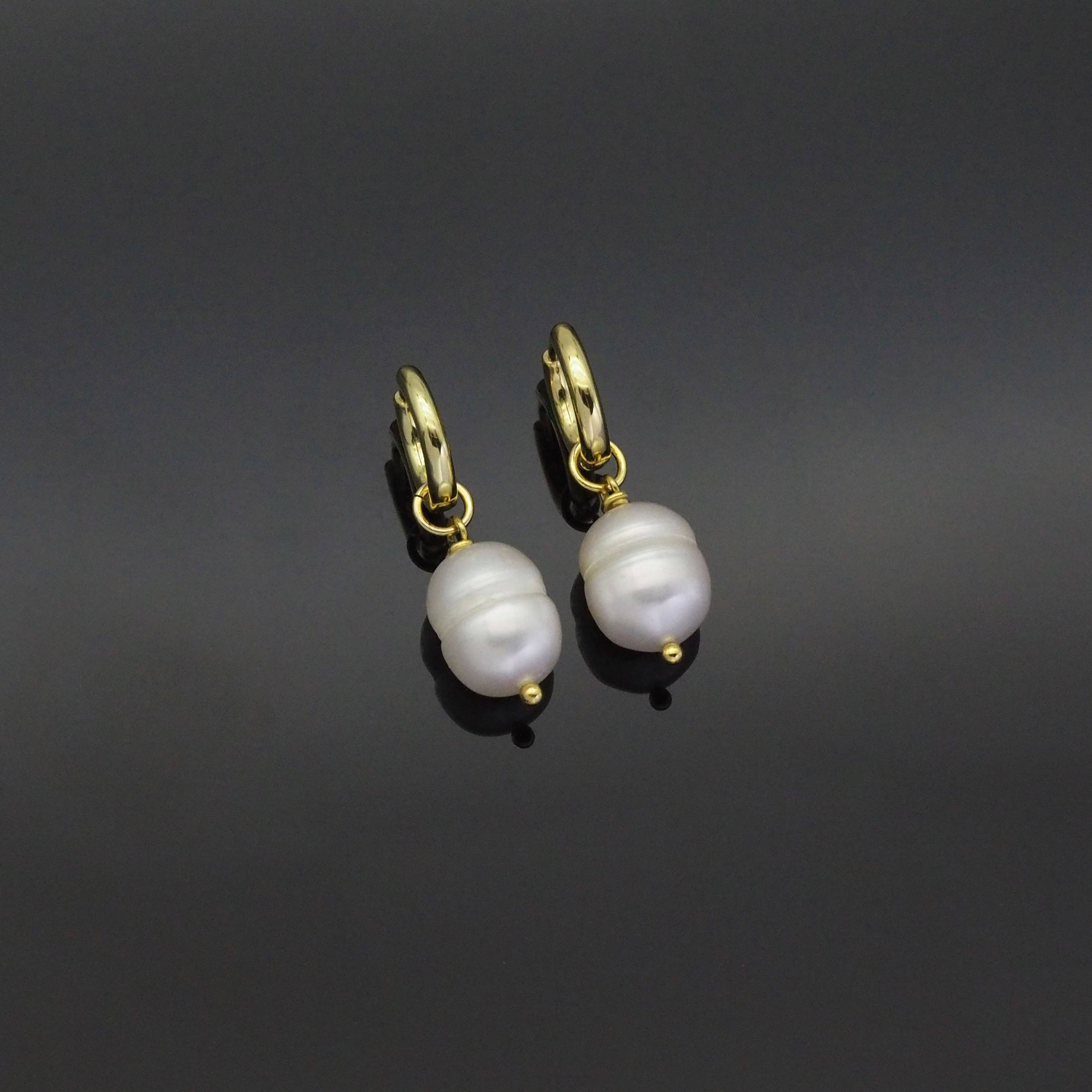 Gold White Oval Pearl Hoop Earrings, Sku#EF340