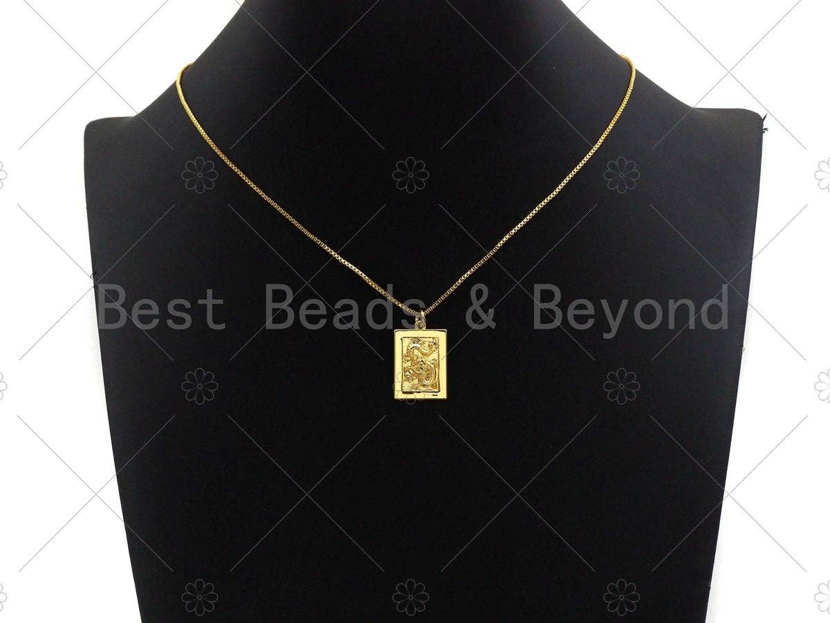 Shiny Gold Medallion Dragon Dog Tag Pendant, Dragon Rectangl