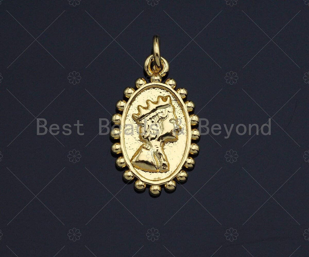 Gold Medallion Queen Elizabeth Coin Pendant, Vintage Necklace Pendant, Oval Gold Bracelet Earring Charm Necklace Charms, 11x17mm, Sku#Z1163