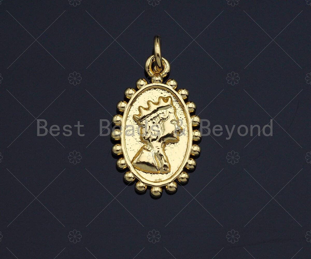 Gold Medallion Queen Elizabeth Coin Pendant, Vintage Necklace Pendant, Oval Gold Bracelet Earring Charm Necklace Charms, 11x17mm, Sku#Z1163