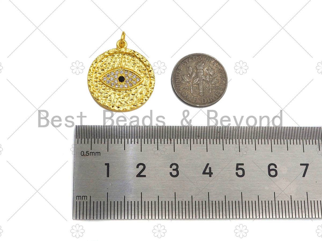 18K Gold Silver Pave Evil Eye Coin Shape Pendant/Charm, Protection Eye Bracelet Necklace Charm, Evil Eye Pendant Charm, 21mm,sku#Z1246