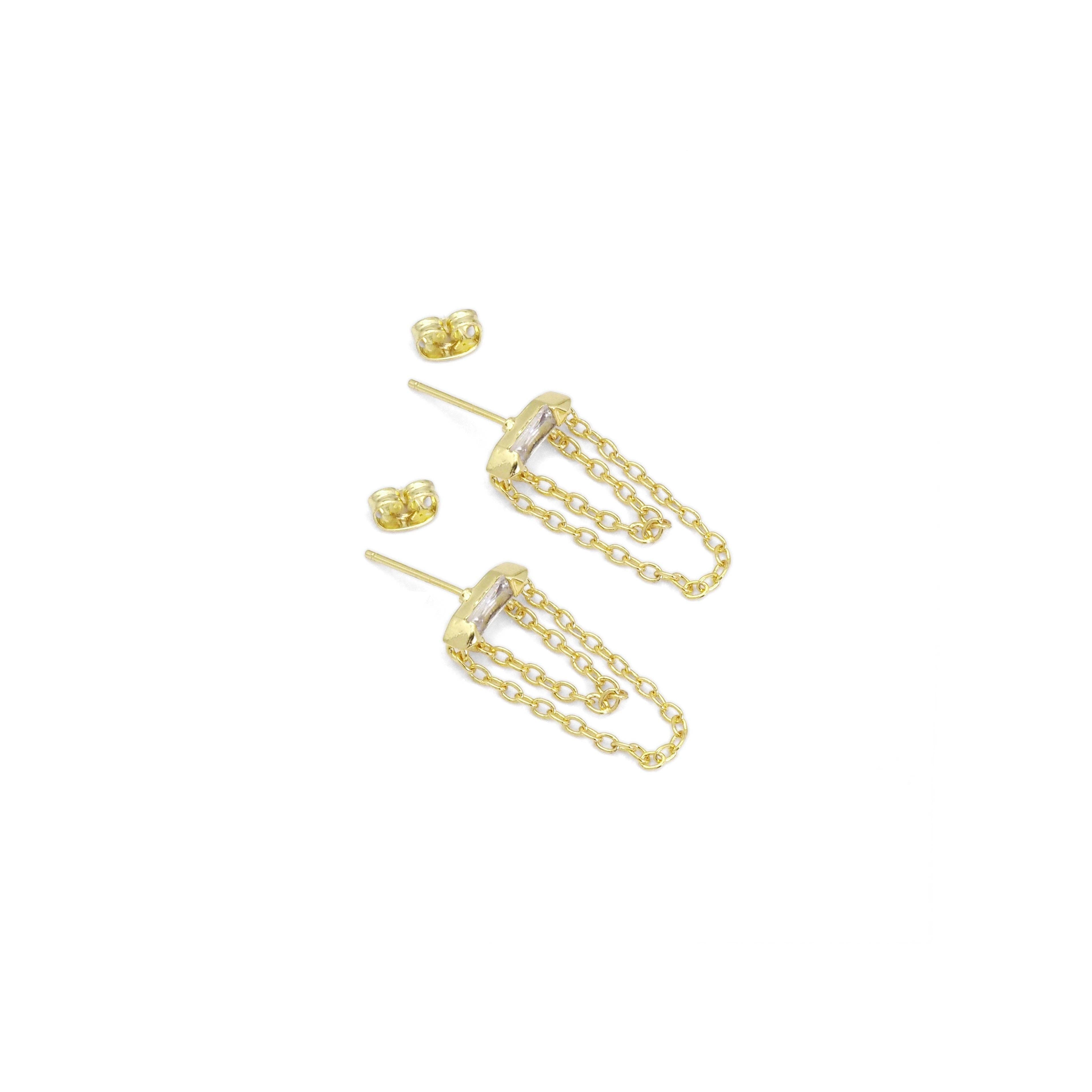 Clear CZ With Dangle Chain stud Earrings, Sku#LD468