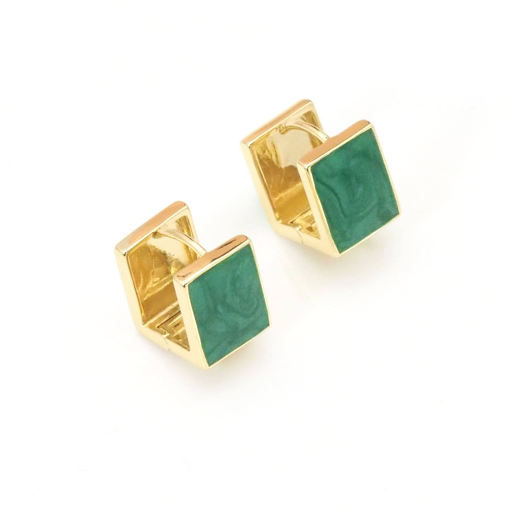 Gold Green Square Huggie Earrings, Sku#Y780