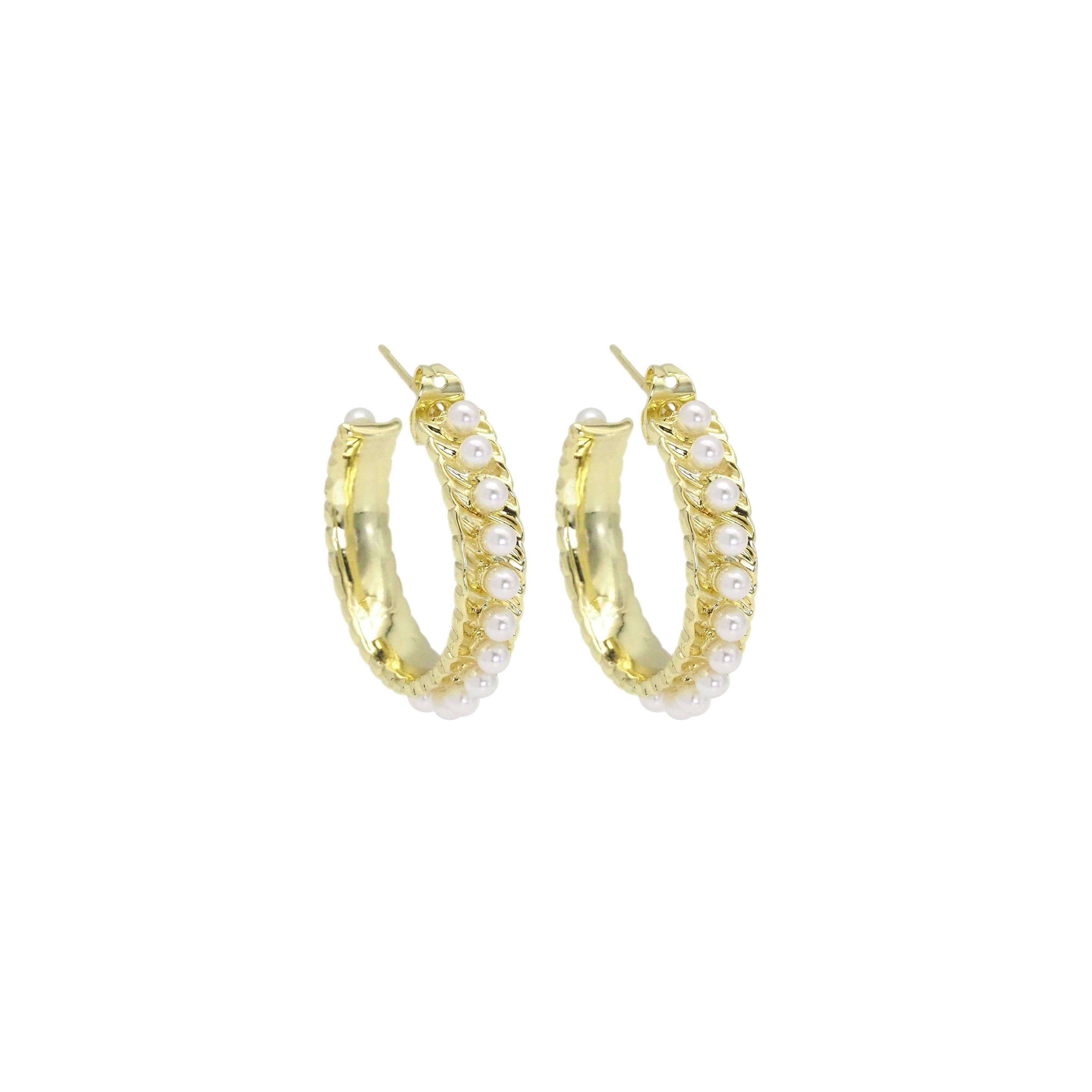 CZ White Pearl Hoop Earrings, Sku#LD514