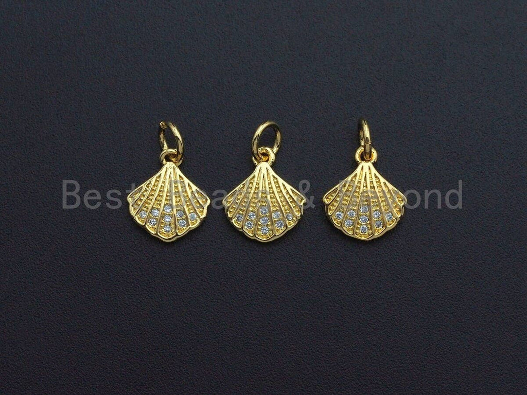 Clear CZ Micro Pave Scallop Shape Pendant Charm, Cubic Zirconia Sea Shell Charm, 10x12mm,sku#Z860