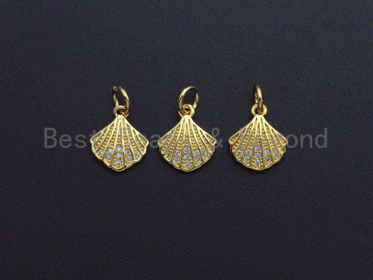 Clear CZ Micro Pave Scallop Shape Pendant Charm, Cubic Zirconia Sea Shell Charm, 10x12mm,sku#Z860