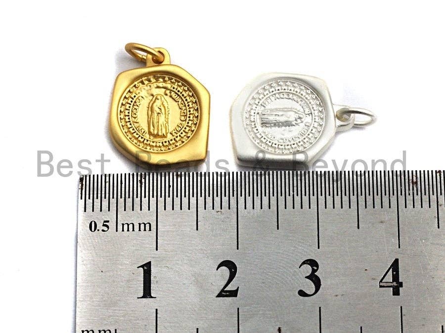 CZ Micro Pave Hexagon With Mary Pendant,Cubic Zirconia Hexagon Charm, Silver/Gold Pendant, Religious Jewelry, 13x16mm,sku#Y212