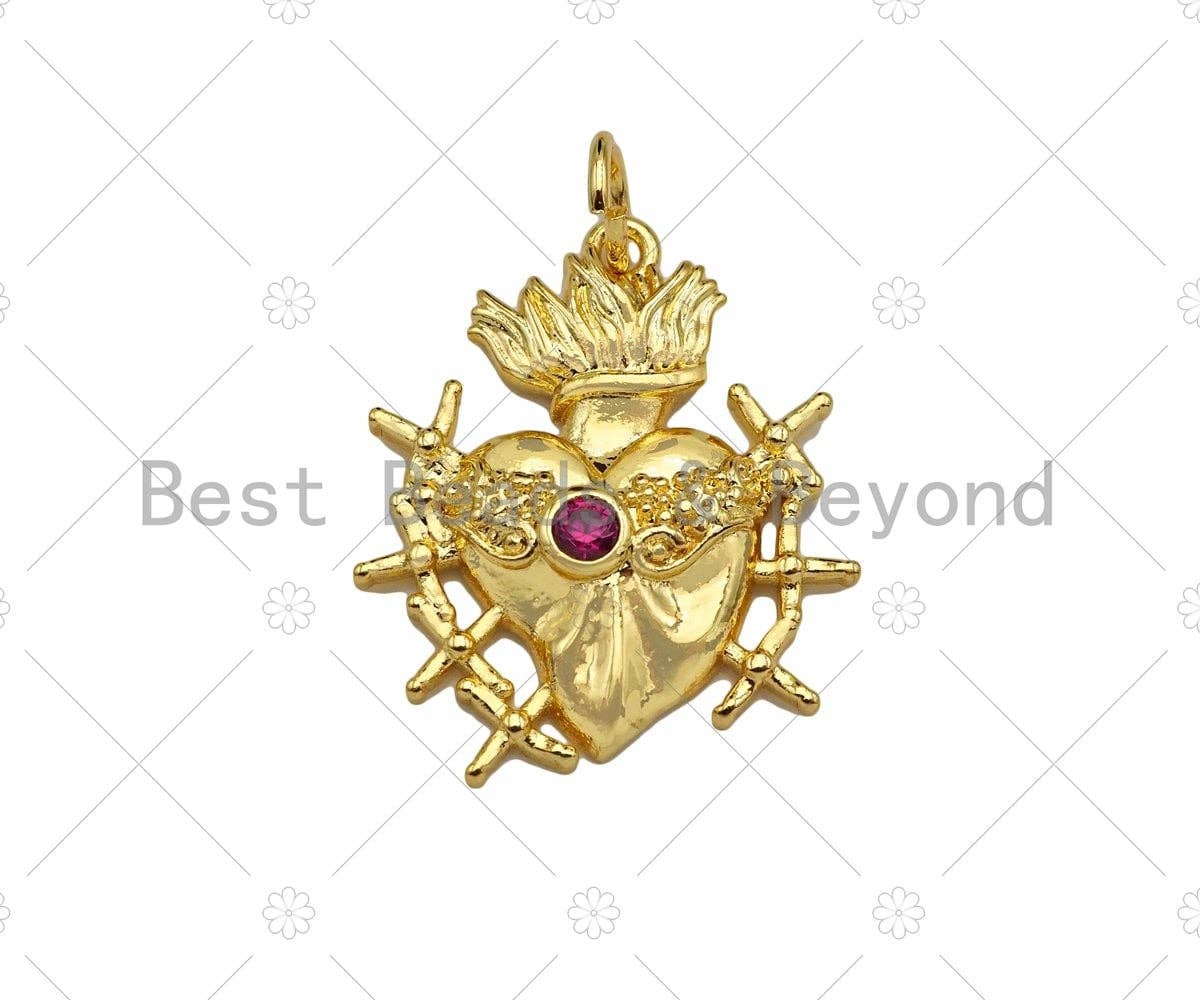 Fuchsia CZ Micro Pave Heart Shape Pendant/Charm, 18K Dainty