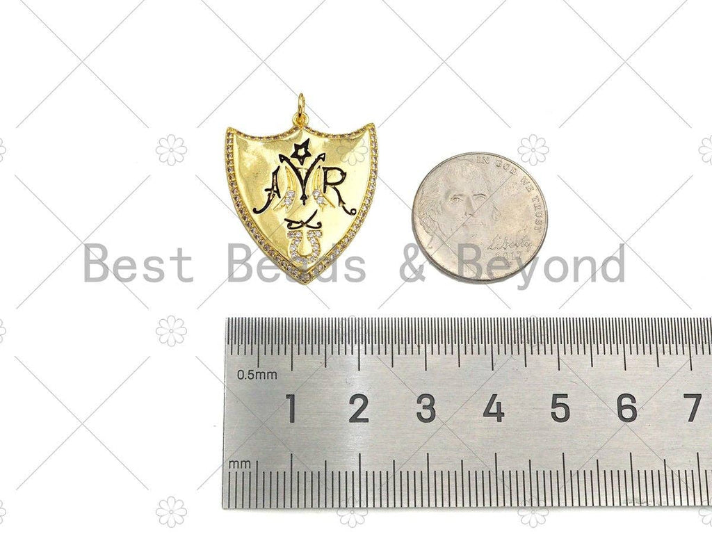 18K Dainty Gold Symbol On Shield Shape Pendant/Charm,Cubic Zirconia Charm, Necklace Bracelet Charm Pendant, 28x24mm, Sku#L556