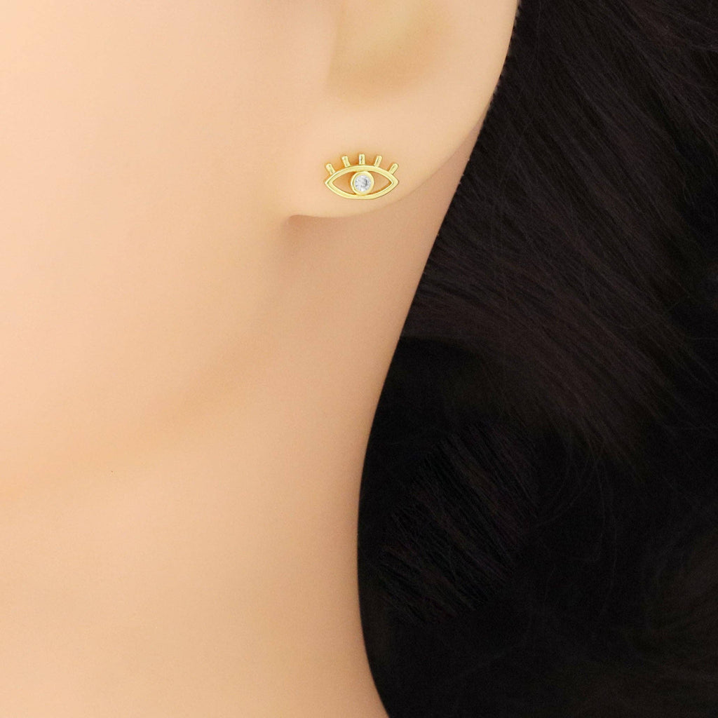 Gold Clear CZ Evil Eye Stud Earrings, Sku#LK947