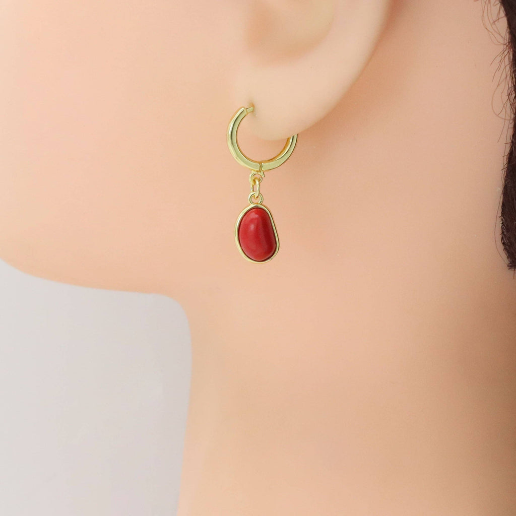 Gold Red Bean Pendant Hoop Earrings, Sku#A366