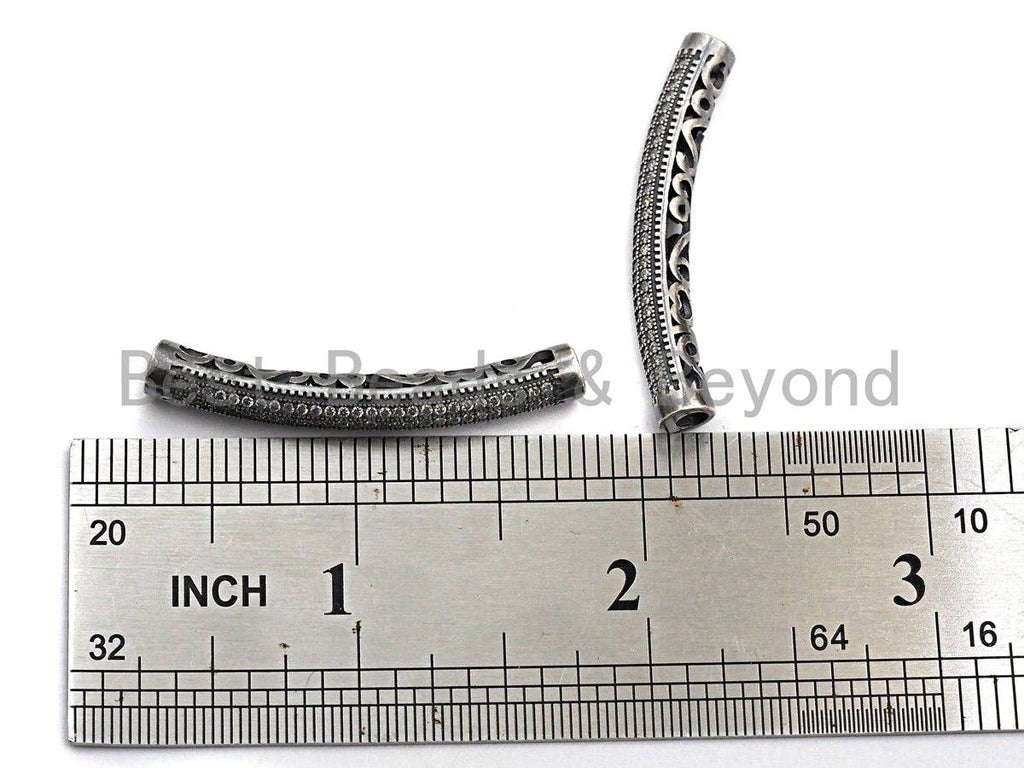 Antique Silver Color CZ Micro Pave Tube for Bracelet/Necklace, Cubic Zirconia Separator Tube in Oxidized Silver, 5x40mm, sku#X123
