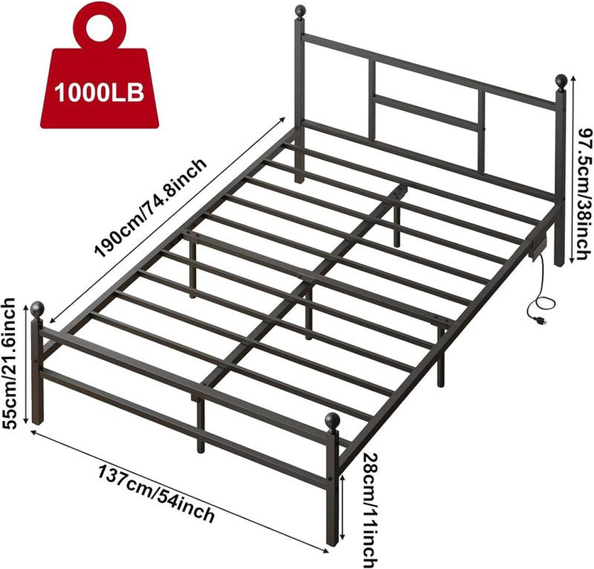Full Size LED Bed Frame with Charging Station, Metal Platform Bed with USB Ports & Outlets, Heavy Duty Frame with under Bed Storage, Easy Assembly