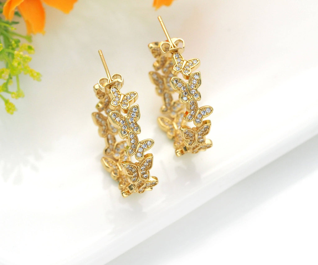 CZ Gold Butterfly Round Stud Earrings, Sku#J370
