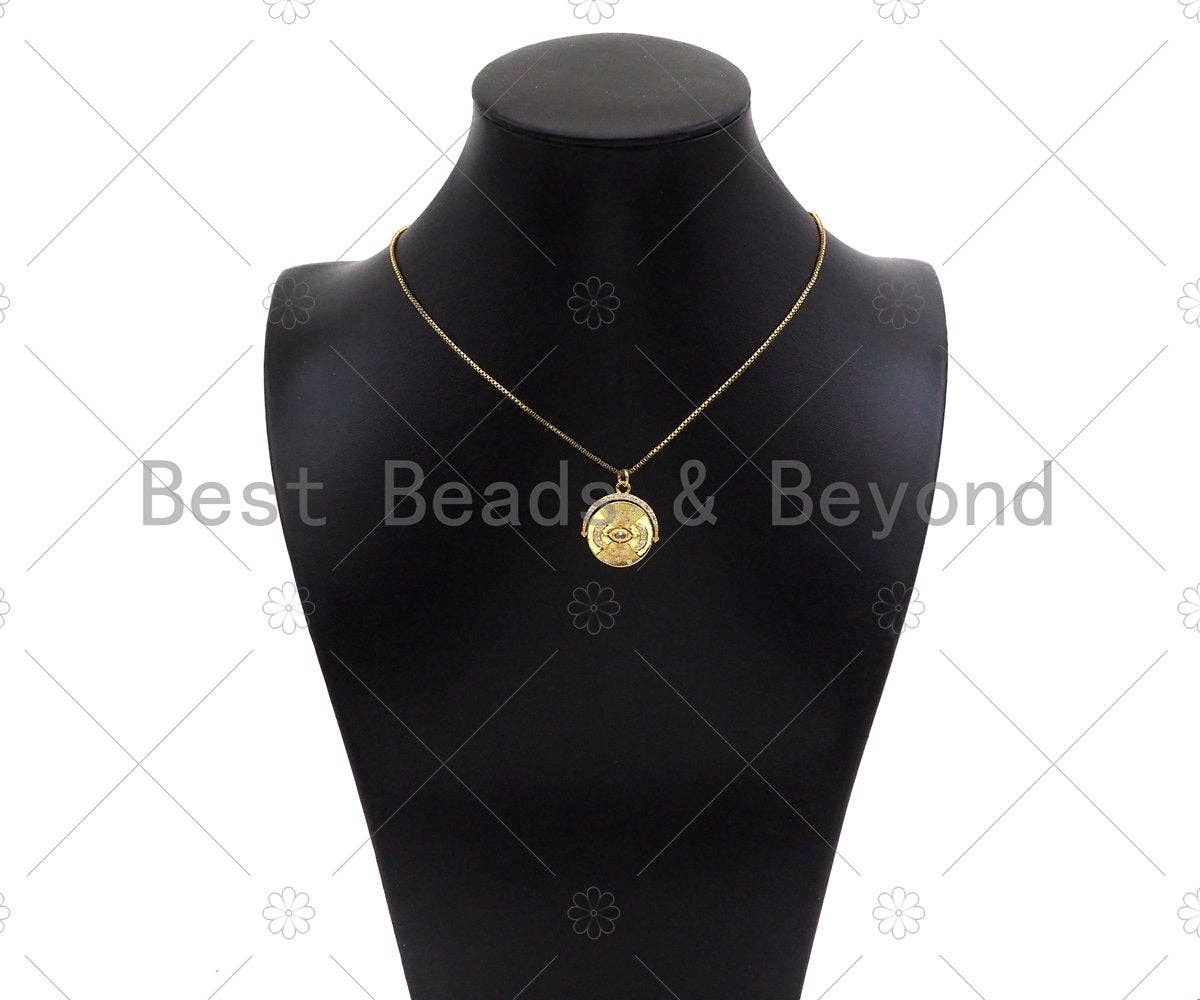 CZ Micro Pave Evil Eye with Crescent Moon On Round Coin Shape, 18K Gold Medallion Charm, Necklace Bracelet Charm Pendant,19x22mm,Sku#Z1332