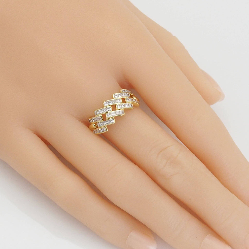 Gold Silver Baguette CZ Gold Link Adjustable Ring, Sku#A145