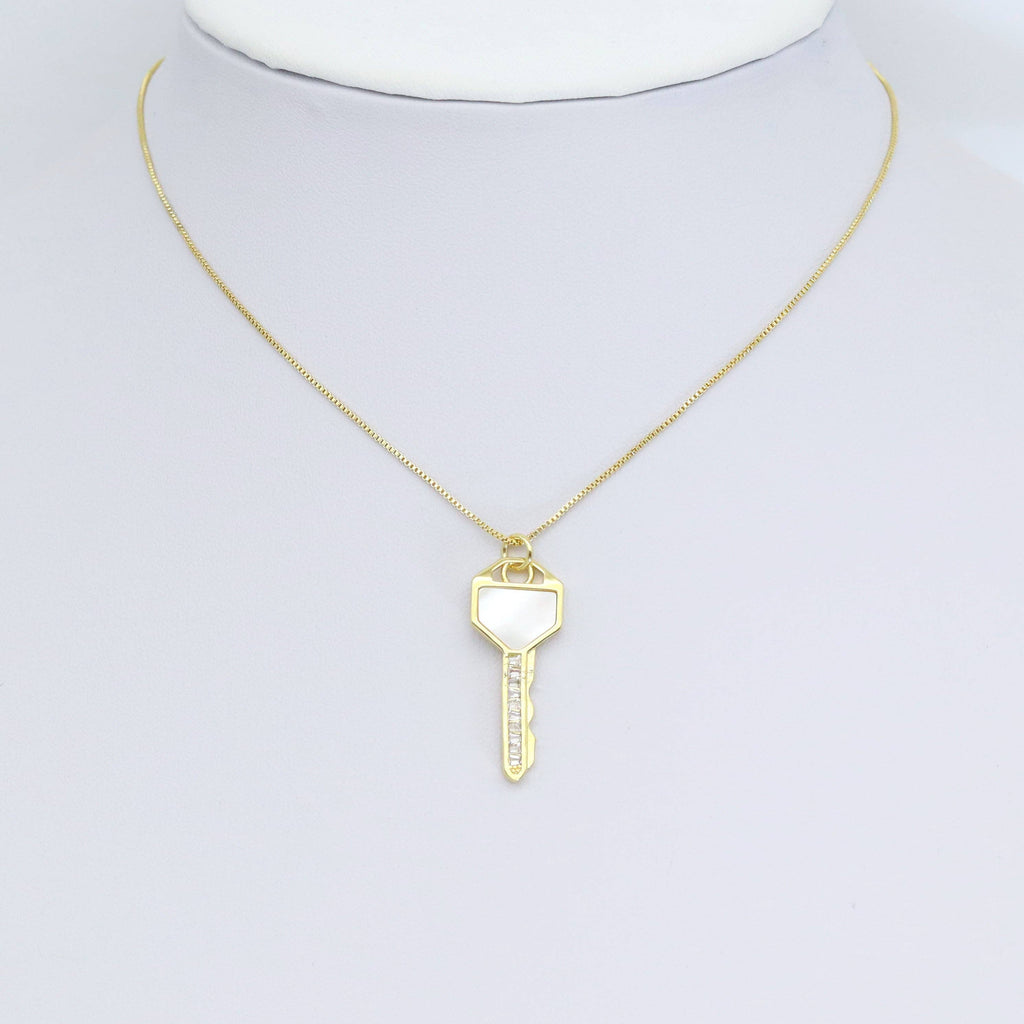 CZ Pave Mother of Pearl Key Charm Pendant, Sku#LK956
