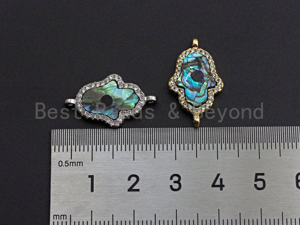 CZ Micro Pave Abalone Shell Hamsa Hand Connector, Cubic Zirconia Space Connector, Abalone Stone Charm, 14x23mm,SKU#Z936