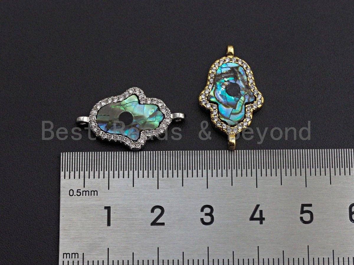 CZ Micro Pave Abalone Shell Hamsa Hand Connector, Cubic Zirconia Space Connector, Abalone Stone Charm, 14x23mm,SKU#Z936