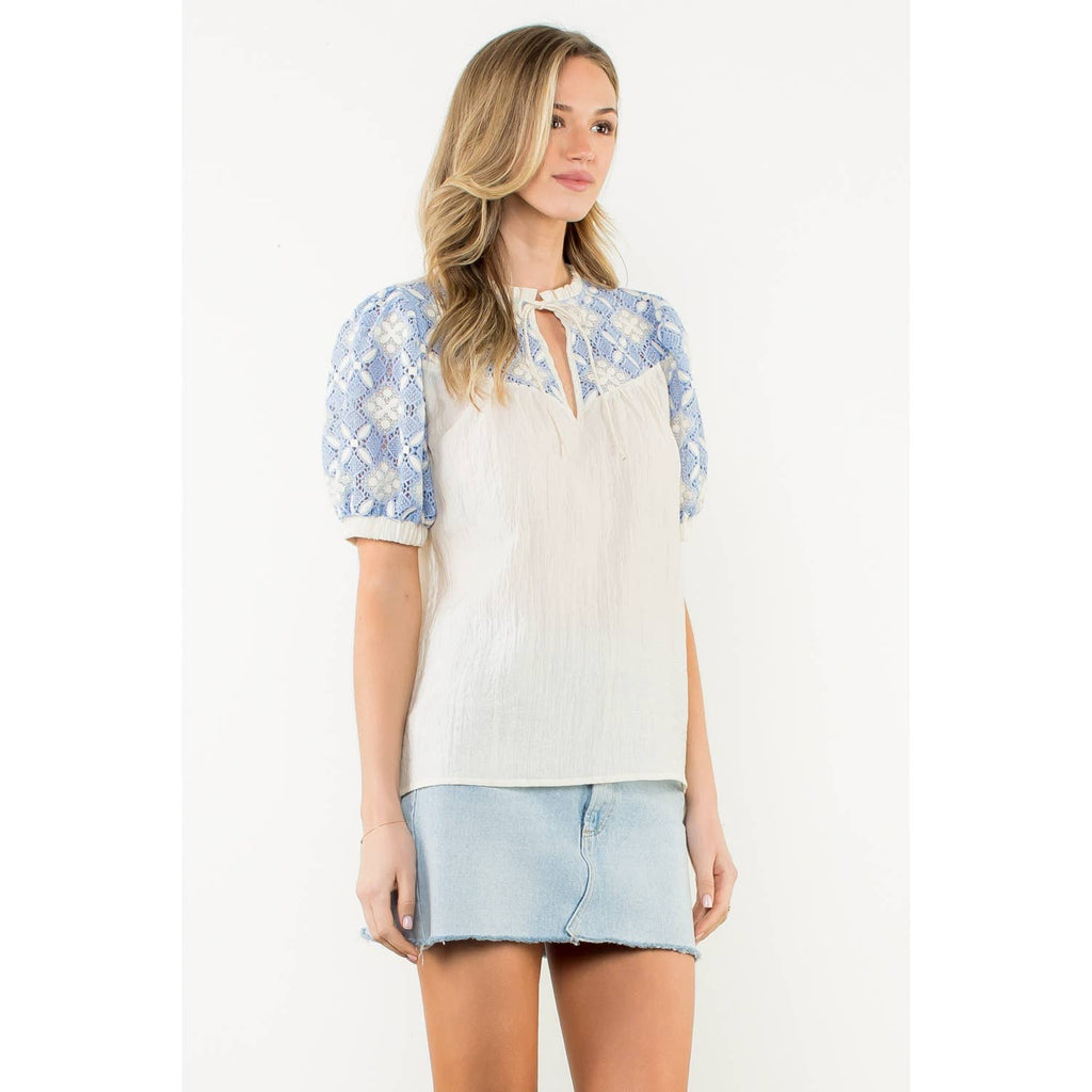 Krysa - Embroidered Yoke Puff Sleeve Crinkle Top